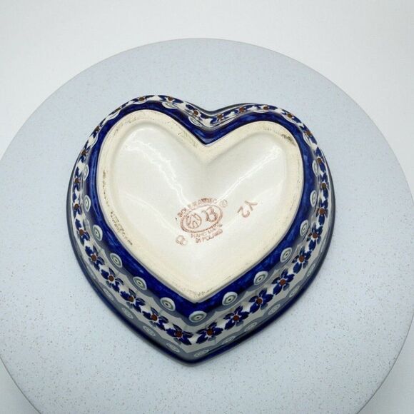 Boleslawiec Pottery Heart Shaped Bowl 6" Peacock Eye Flowers Dish Made in Poland - Picture 7 of 15